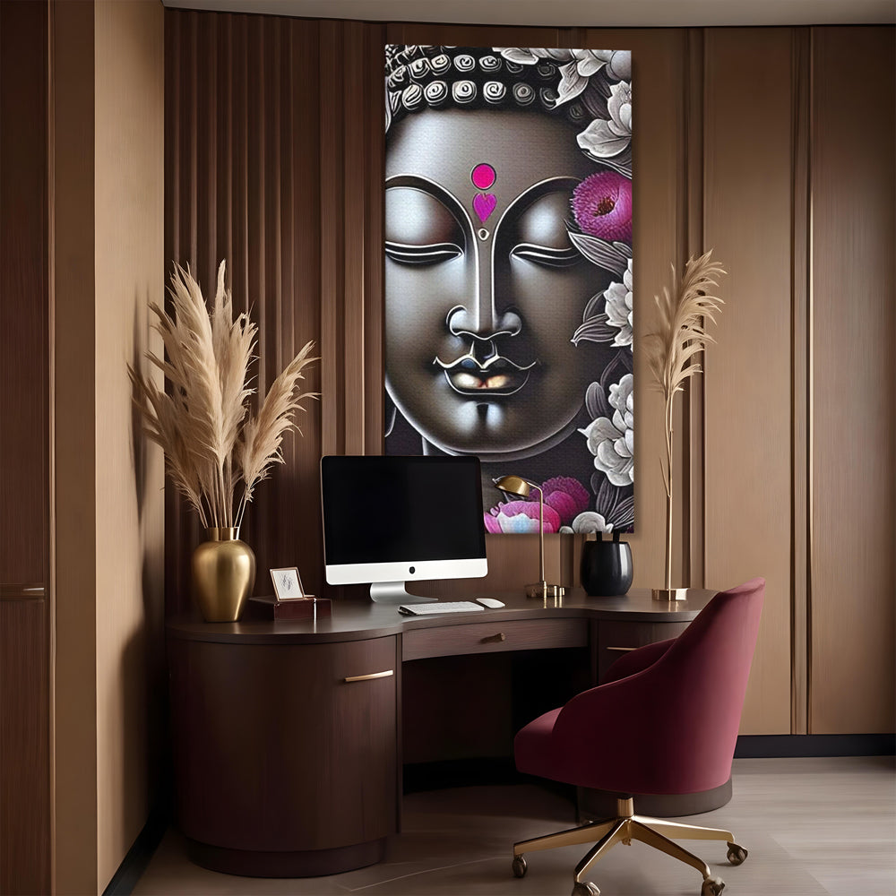 Tablou canvas cu tablou canvas cu chipul lui buddha si flori, fara rama, pe sasiu de lemn, pe perete intr-un birou